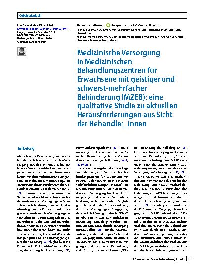 Vorschauseite 1: Medizinische Versorgung in Medizinischen Behandlungszentren für Erwachsene mit geistiger und schwerst-mehrfacher Behinderung (MZEB): eine qualitative Studie zu aktuellen Herausfor…