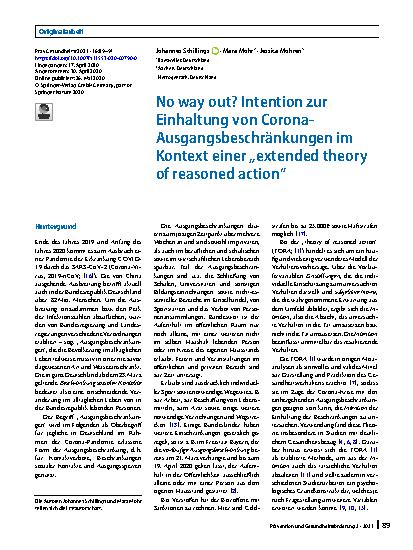 Vorschauseite 1: No way out? Intention zur Einhaltung von Corona-Ausgangsbeschränkungen im Kontext einer „extended theory of reasoned action“