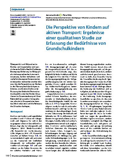 Vorschauseite 1: Die Perspektive von Kindern auf aktiven Transport: Ergebnisse einer qualitativen Studie zur Erfassung der Bedürfnisse von Grundschulkindern