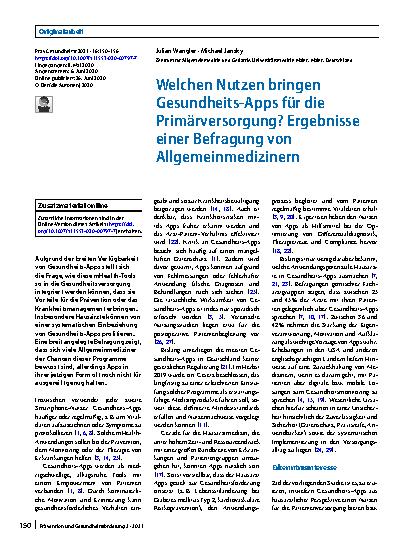 Vorschauseite 1: Welchen Nutzen bringen Gesundheits-Apps für die Primärversorgung? Ergebnisse einer Befragung von Allgemeinmedizinern