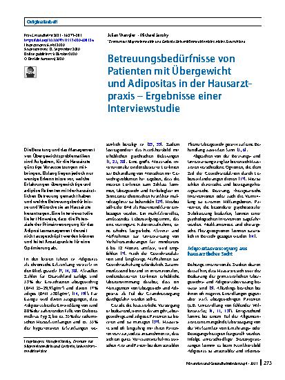 Vorschauseite 1: Betreuungsbedürfnisse von Patienten mit Übergewicht und Adipositas in der Hausarztpraxis – Ergebnisse einer Interviewstudie
