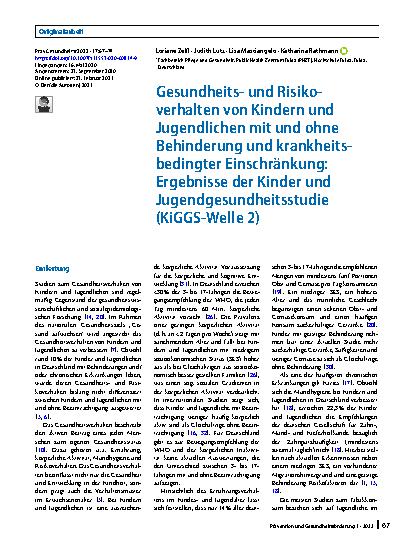 Vorschauseite 1: Gesundheitsund Risikoverhalten von Kindern und Jugendlichen mit und ohne Behinderung und krankheitsbedingter Einschränkung: Ergebnisse der Kinder und Jugendgesundheitsstudie (KiGG…