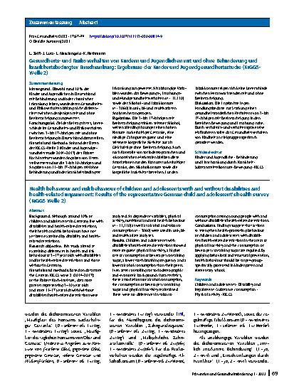 Vorschauseite 3: Gesundheitsund Risikoverhalten von Kindern und Jugendlichen mit und ohne Behinderung und krankheitsbedingter Einschränkung: Ergebnisse der Kinder und Jugendgesundheitsstudie (KiGG…