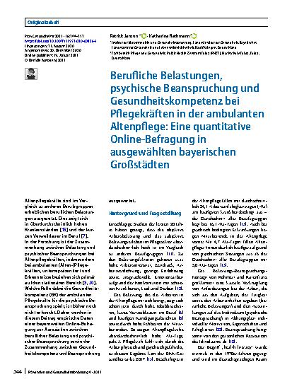 Vorschauseite 1: Berufliche Belastungen, psychische Beanspruchung und Gesundheitskompetenz bei Pflegekräften in der ambulanten Altenpflege: Eine quantitative Online-Befragung in ausgewählten bayer…