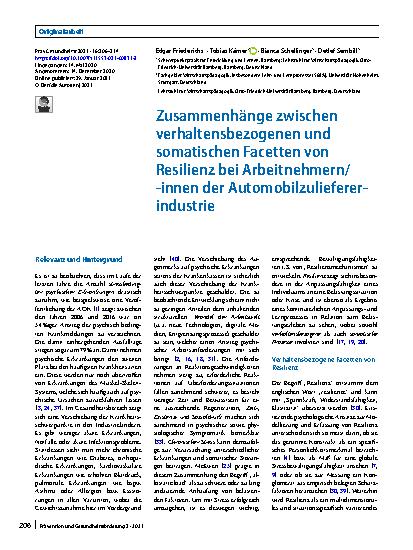 Vorschauseite 1: Zusammenhänge zwischen verhaltensbezogenen und somatischen Facetten von Resilienz bei Arbeitnehmern/-innen der Automobilzuliefererindustrie
