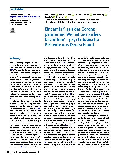 Vorschauseite 1: Einsam(er) seit der Coronapandemie: Wer ist besonders betroffen? – psychologische Befunde aus Deutschland