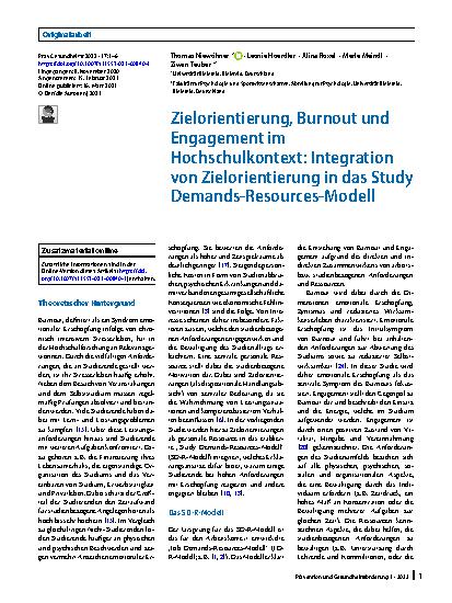 Vorschauseite 1: Zielorientierung, Burnout und Engagement im Hochschulkontext: Integration von Zielorientierung in das Study Demands-Resources-Modell