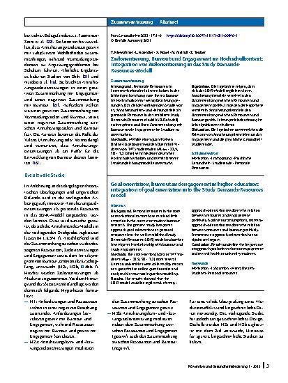 Vorschauseite 3: Zielorientierung, Burnout und Engagement im Hochschulkontext: Integration von Zielorientierung in das Study Demands-Resources-Modell