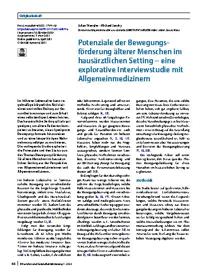 Vorschauseite 1: Potenziale der Bewegungsförderung älterer Menschen im hausärztlichen Setting – eine explorative Interviewstudie mit Allgemeinmedizinern