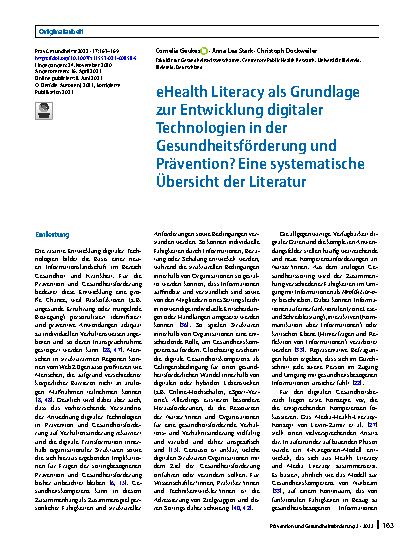 Vorschauseite 1: eHealth Literacy als Grundlage zur Entwicklung digitaler Technologien in der Gesundheitsförderung und Prävention? Eine systematische Übersicht der Literatur