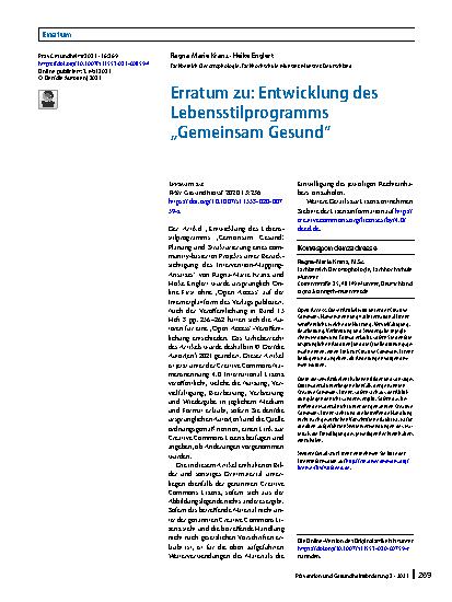 Vorschauseite 1: Erratum zu: Entwicklung des Lebensstilprogramms „Gemeinsam Gesund“