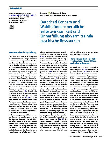 Vorschauseite 1: Detached Concern und Wohlbefinden: berufliche Selbstwirksamkeit und Sinnerfüllung als vermittelnde psychische Ressourcen