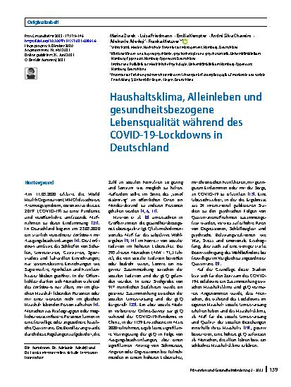 Vorschauseite 1: Haushaltsklima, Alleinleben und gesundheitsbezogene Lebensqualität während des COVID-19-Lockdowns in Deutschland