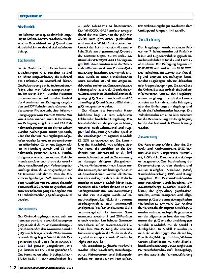 Vorschauseite 2: Haushaltsklima, Alleinleben und gesundheitsbezogene Lebensqualität während des COVID-19-Lockdowns in Deutschland
