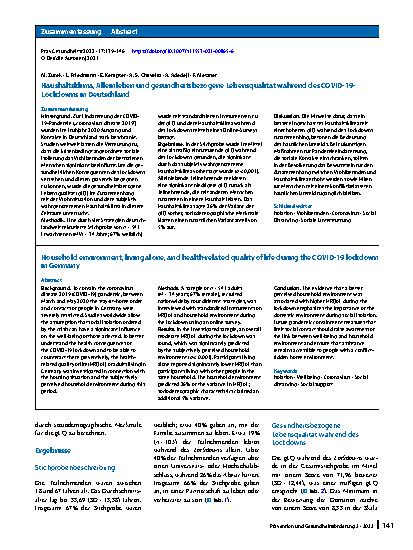 Vorschauseite 3: Haushaltsklima, Alleinleben und gesundheitsbezogene Lebensqualität während des COVID-19-Lockdowns in Deutschland