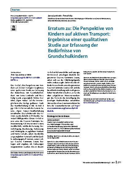 Vorschauseite 1: Erratum zu: Die Perspektive von Kindern auf aktiven Transport: Ergebnisse einer qualitativen Studie zur Erfassung der Bedürfnisse von Grundschulkindern