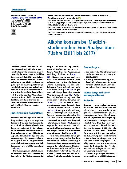 Vorschauseite 1: Alkoholkonsum bei Medizinstudierenden. Eine Analyse über 7 Jahre (2011 bis 2017)