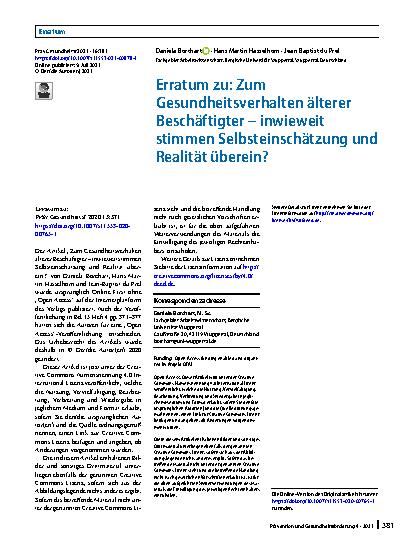 Vorschauseite 1: Erratum zu: Zum Gesundheitsverhalten älterer Beschäftigter – inwieweit stimmen Selbsteinschätzung und Realität überein?