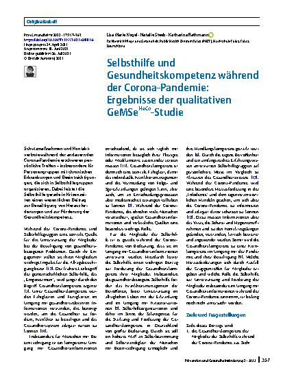 Vorschauseite 1: Selbsthilfe und Gesundheitskompetenz während der Corona-Pandemie: Ergebnisse der qualitativen GeMSeHeCo-Studie