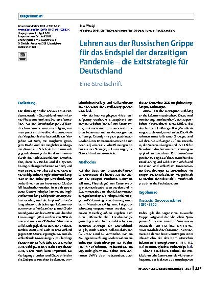 Vorschauseite 1: Lehren aus der Russischen Grippe für das Endspiel der derzeitigen Pandemie – die Exitstrategie für Deutschland