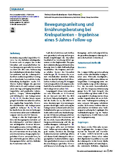 Vorschauseite 1: Bewegungsanleitung und Ernährungsberatung bei Krebspatienten – Ergebnisse eines 5-Jahres-Follow-up