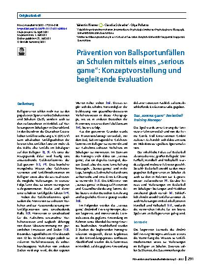 Vorschauseite 1: Prävention von Ballsportunfällen an Schulen mittels eines „serious game“: Konzeptvorstellung und begleitende Evaluation