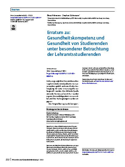 Vorschauseite 1: Erratum zu: Gesundheitskompetenz und Gesundheit von Studierenden unter besonderer Betrachtung der Lehramtsstudierenden