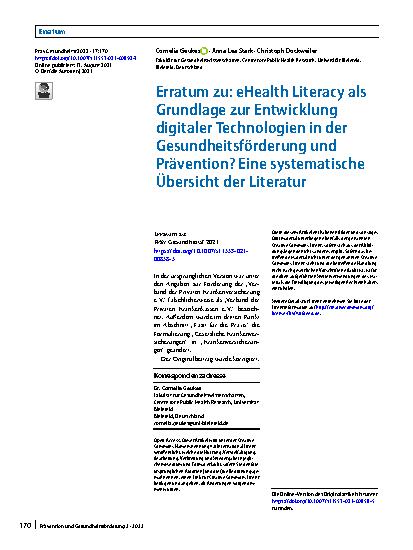 Vorschauseite 1: Erratum zu: eHealth Literacy als Grundlage zur Entwicklung digitaler Technologien in der Gesundheitsförderung und Prävention? Eine systematische Übersicht der Literatur