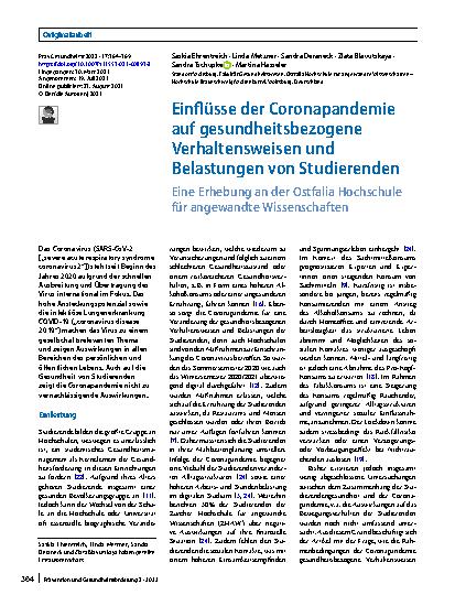 Vorschauseite 1: Einflüsse der Coronapandemie auf gesundheitsbezogene Verhaltensweisen und Belastungen von Studierenden