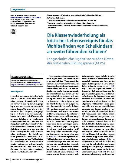 Vorschauseite 1: Die Klassenwiederholung als kritisches Lebensereignis für das Wohlbefinden von Schulkindern an weiterführenden Schulen?