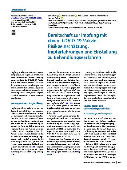 Vorschauseite 1: Bereitschaft zur Impfung mit einem COVID‑19-Vakzin – Risikoeinschätzung, Impferfahrungen und Einstellung zu Behandlungsverfahren