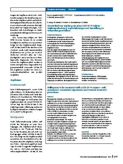 Vorschauseite 3: Bereitschaft zur Impfung mit einem COVID‑19-Vakzin – Risikoeinschätzung, Impferfahrungen und Einstellung zu Behandlungsverfahren