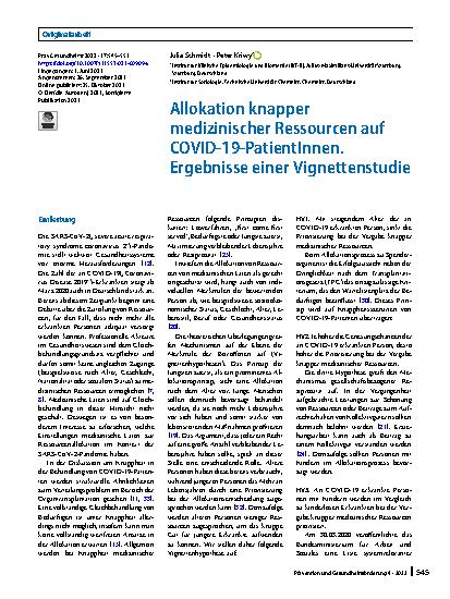 Vorschauseite 1: Allokation knapper medizinischer Ressourcen auf COVID-19-PatientInnen. Ergebnisse einer Vignettenstudie