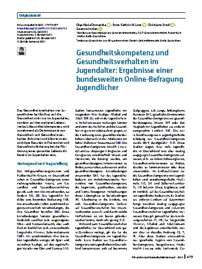 Vorschauseite 1: Gesundheitskompetenz und Gesundheitsverhalten im Jugendalter: Ergebnisse einer bundesweiten Online-Befragung Jugendlicher