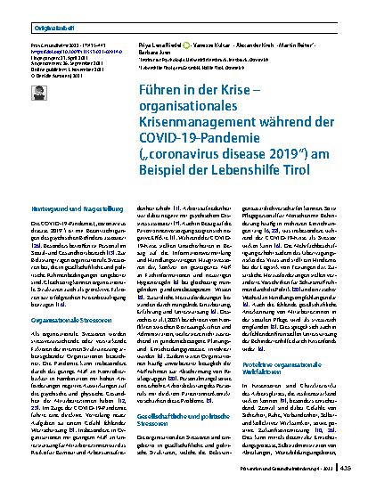 Vorschauseite 1: Führen in der Krise – organisationales Krisenmanagement während der COVID-19-Pandemie („coronavirus disease 2019“) am Beispiel der Lebenshilfe Tirol