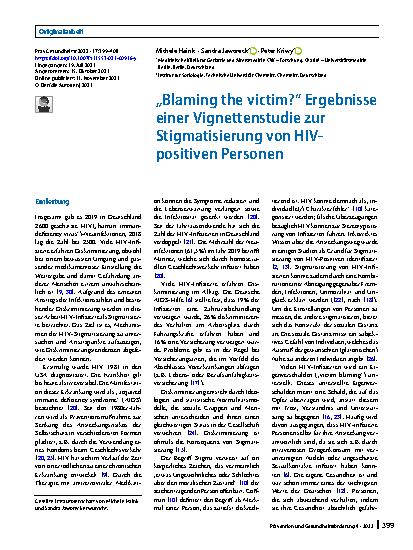 Vorschauseite 1: „Blaming the victim?“ Ergebnisse einer Vignettenstudie zur Stigmatisierung von HIV-positiven Personen