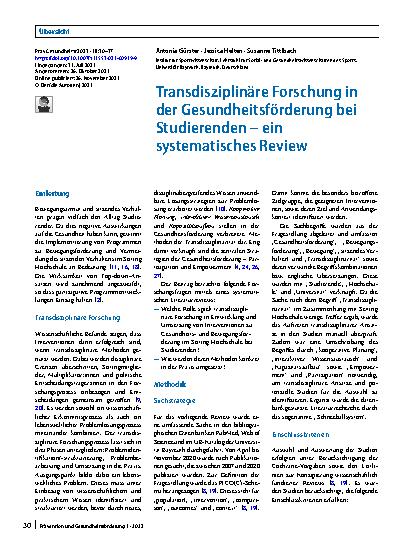 Vorschauseite 1: Transdisziplinäre Forschung in der Gesundheitsförderung bei Studierenden – ein systematisches Review
