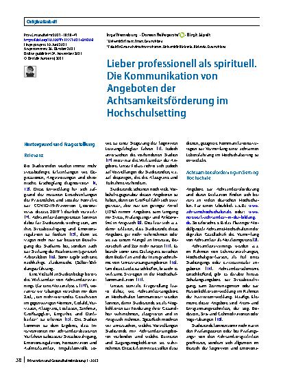 Vorschauseite 1: Lieber professionell als spirituell. Die Kommunikation von Angeboten der Achtsamkeitsförderung im Hochschulsetting