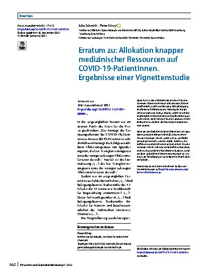 Vorschauseite 1: Erratum zu: Allokation knapper medizinischer Ressourcen auf COVID-19-PatientInnen. Ergebnisse einer Vignettenstudie