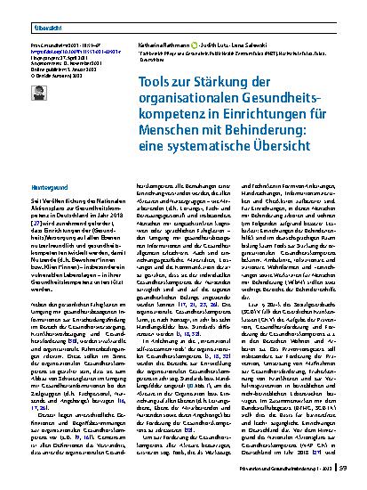 Vorschauseite 1: Tools zur Stärkung der organisationalen Gesundheitskompetenz in Einrichtungen für Menschen mit Behinderung: eine systematische Übersicht