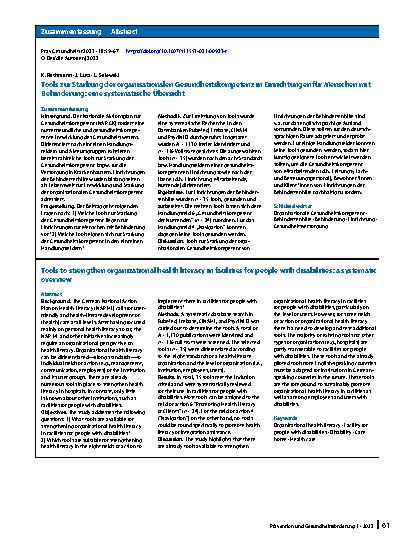 Vorschauseite 3: Tools zur Stärkung der organisationalen Gesundheitskompetenz in Einrichtungen für Menschen mit Behinderung: eine systematische Übersicht