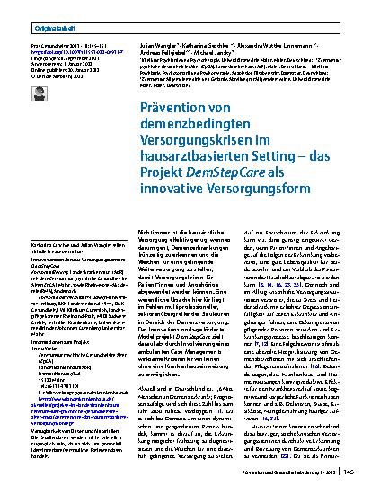 Vorschauseite 1: Prävention von demenzbedingten Versorgungskrisen im hausarztbasierten Setting – das Projekt DemStepCare als innovative Versorgungsform