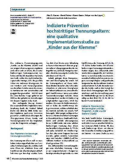 Vorschauseite 1: Indizierte Prävention hochstrittiger Trennungseltern: eine qualitative Implementationsstudie zu „Kinder aus der Klemme“