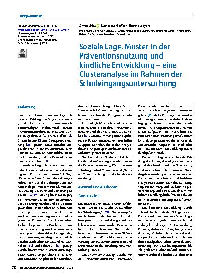 Vorschauseite 1: Soziale Lage, Muster in der Präventionsnutzung und kindliche Entwicklung – eine Clusteranalyse im Rahmen der Schuleingangsuntersuchung