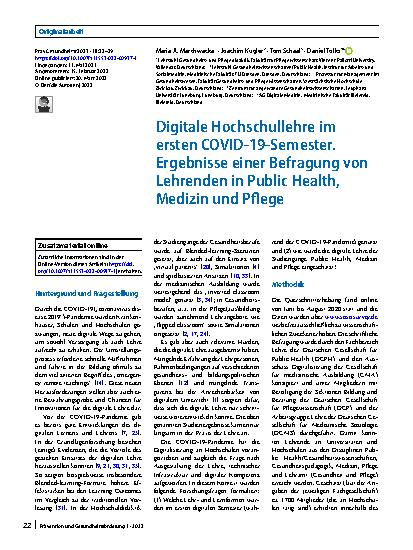 Vorschauseite 1: Digitale Hochschullehre im ersten COVID-19-Semester. Ergebnisse einer Befragung von Lehrenden in Public Health, Medizin und Pflege