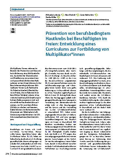 Vorschauseite 1: Prävention von berufsbedingtem Hautkrebs bei Beschäftigten im Freien: Entwicklung eines Curriculums zur Fortbildung von Multiplikator*innen