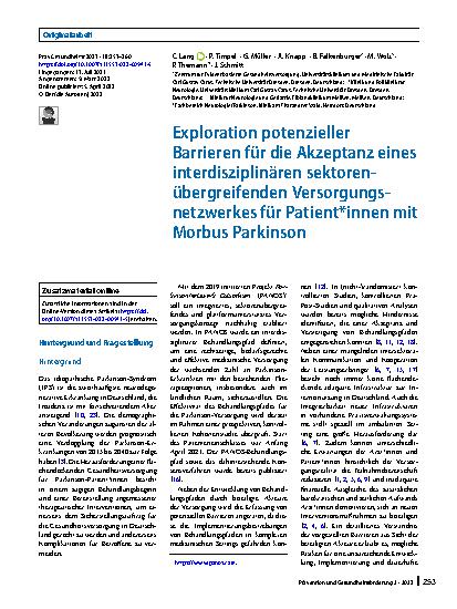 Vorschauseite 1: Exploration potenzieller Barrieren für die Akzeptanz eines interdisziplinären sektorenübergreifenden Versorgungsnetzwerkes für Patient*innen mit Morbus Parkinson