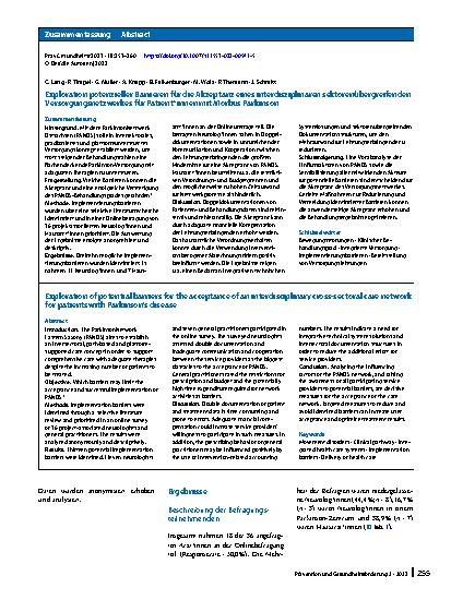 Vorschauseite 3: Exploration potenzieller Barrieren für die Akzeptanz eines interdisziplinären sektorenübergreifenden Versorgungsnetzwerkes für Patient*innen mit Morbus Parkinson