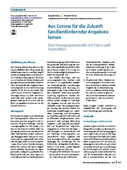 Vorschauseite 1: Aus Corona für die Zukunft familienfördernder Angebote lernen