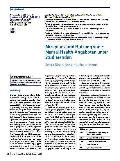 Vorschauseite 1: Akzeptanz und Nutzung von E-Mental-Health-Angeboten unter Studierenden